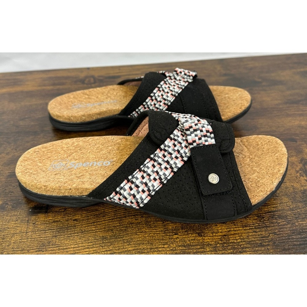 Spenco Women's Bonaire Orthotic Slide Sandals Black Print Cork Size 9 B Comfort - Picture 6 of 11